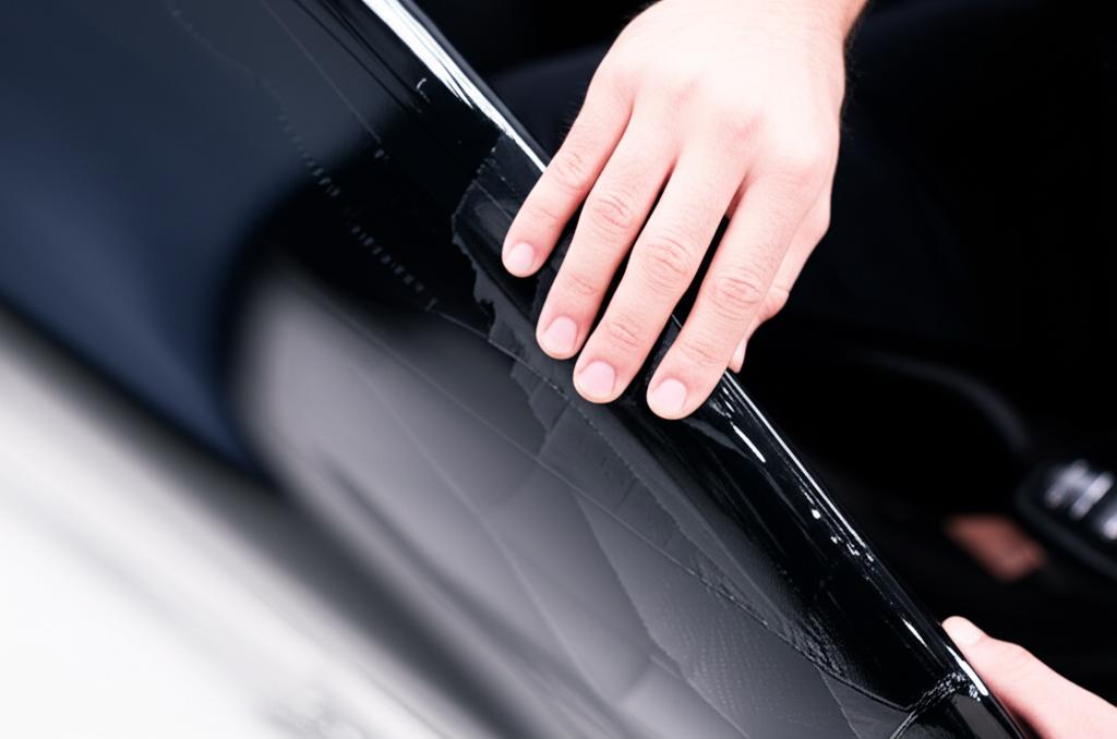 Close-up of a car panel being wrapped with clear TPU film