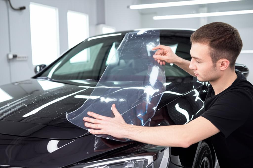 Skilled technician applying clear TPU film to a car