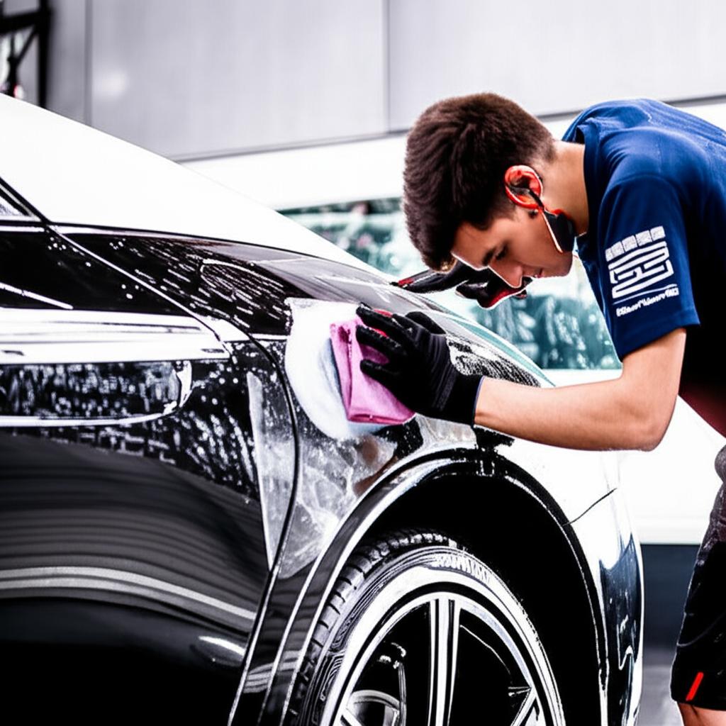 Professional applying clear protective film to a luxury car