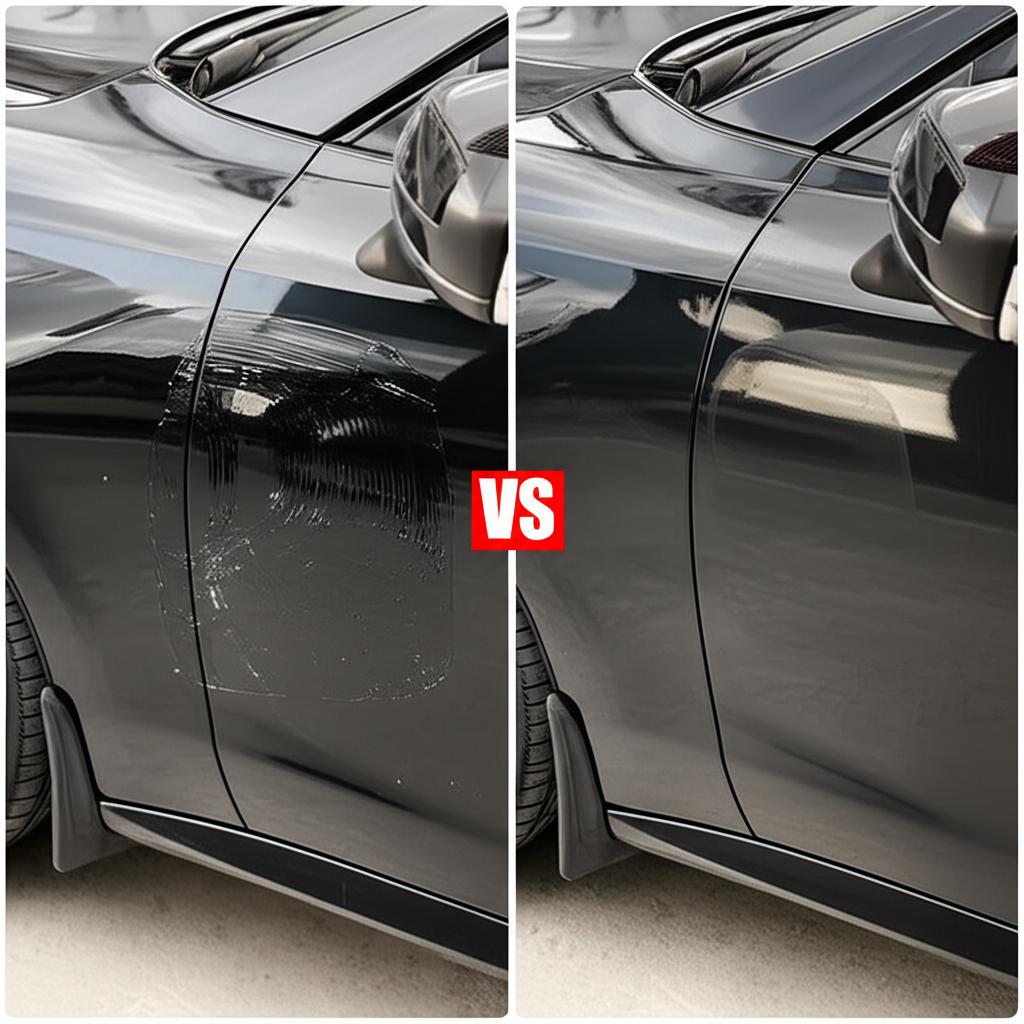 Before and after comparison of a car with damaged paint vs. a car with fresh TPU film