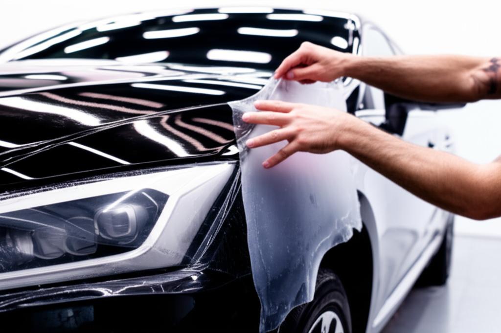 Luxury sedan being wrapped with TPU film