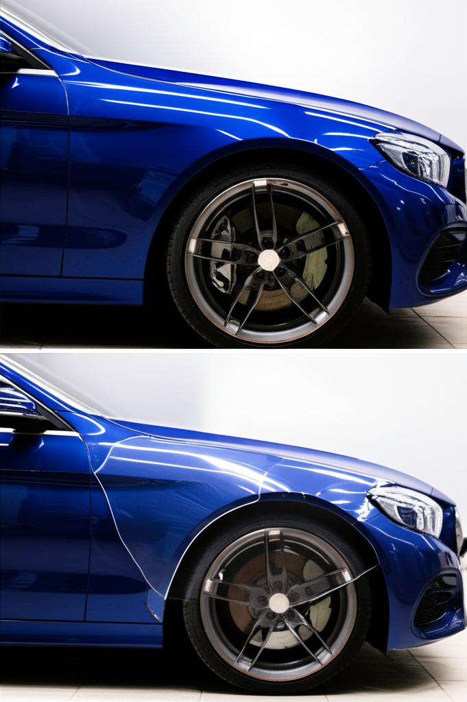 Before and after comparison of a car with TPU film.