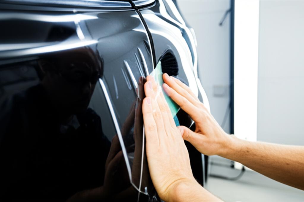 Close-up of a skilled technician applying TPU film to a car panel