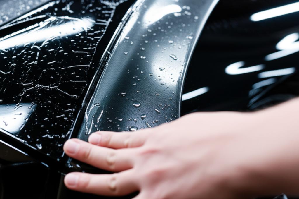 Close-up of a car panel being wrapped with clear TPU film