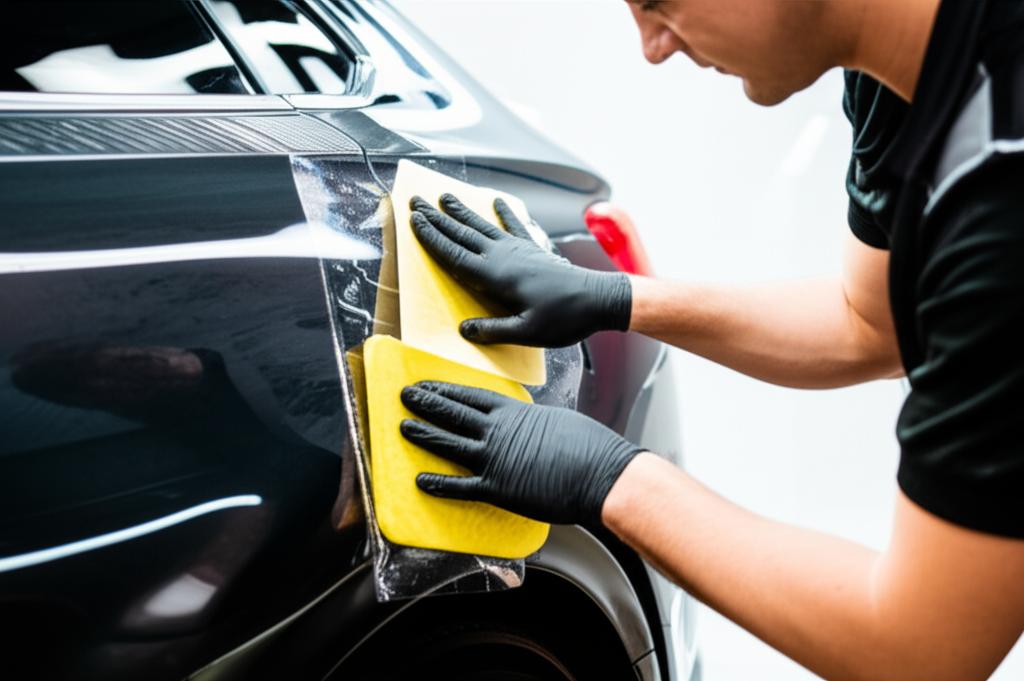 Skilled technician applying clear TPU film to a car