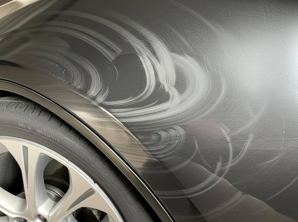Close-up showing swirl marks and slight fading on a car