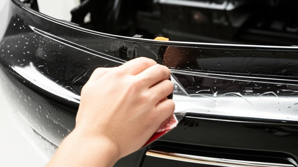 Close-up of a car bumper being wrapped with clear protective film