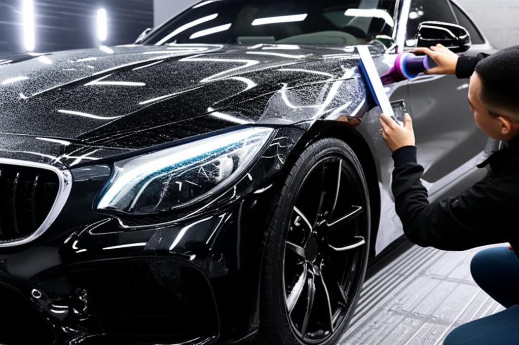 Car being meticulously wrapped with protective film by a professional