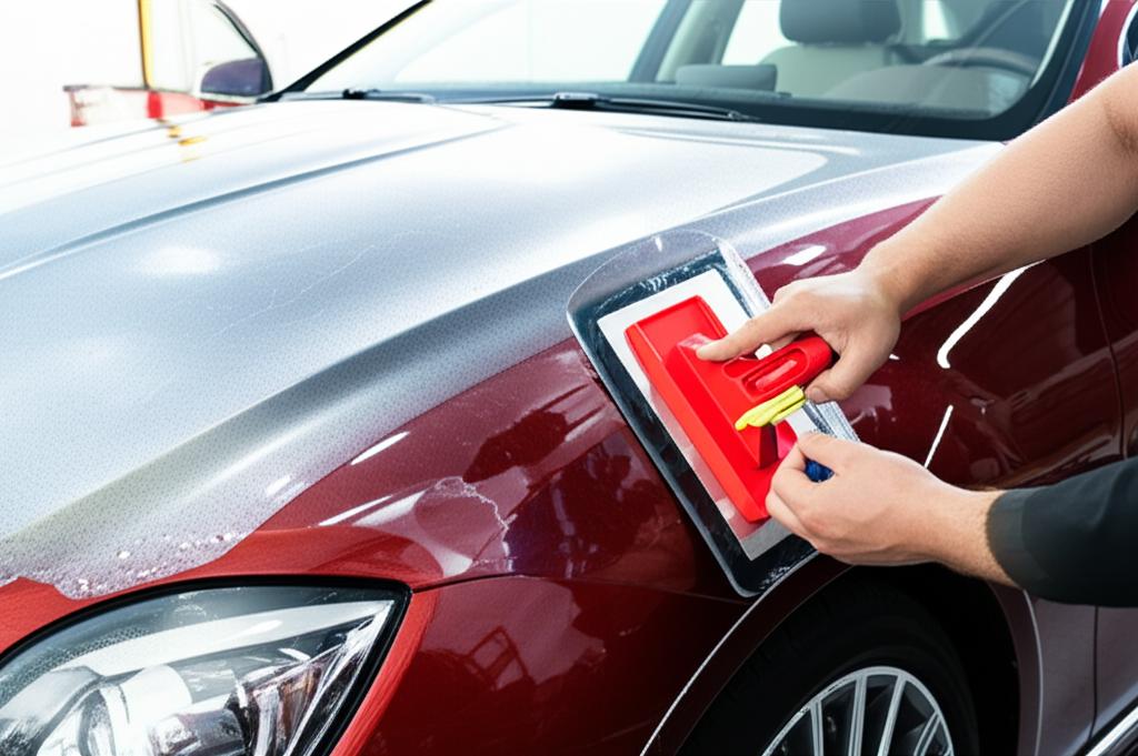 Car undergoing professional TPU film installation process