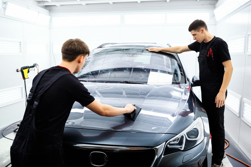 Technicians applying TPU film to a car in a clean workshop