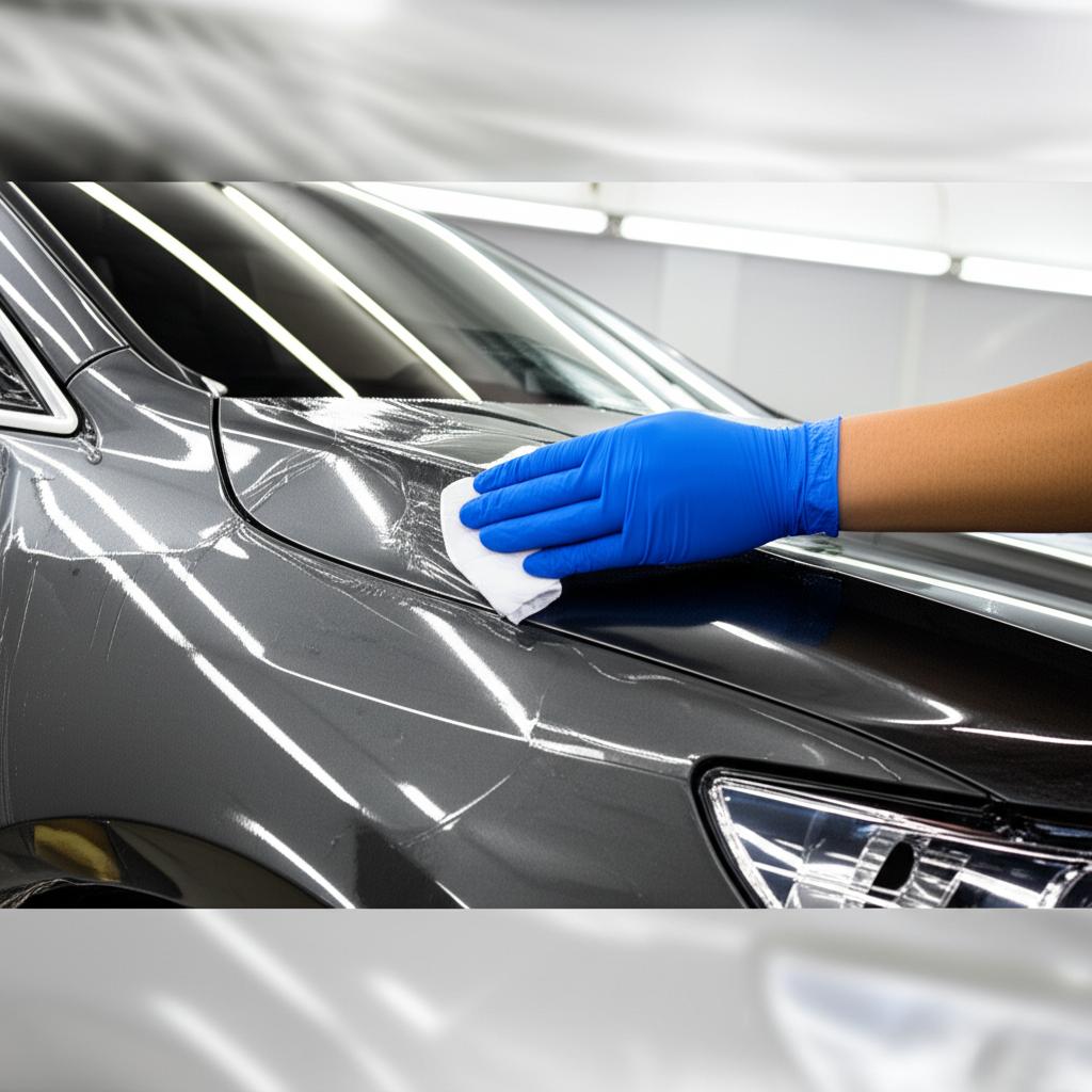 A car being meticulously wrapped with a clear protective film