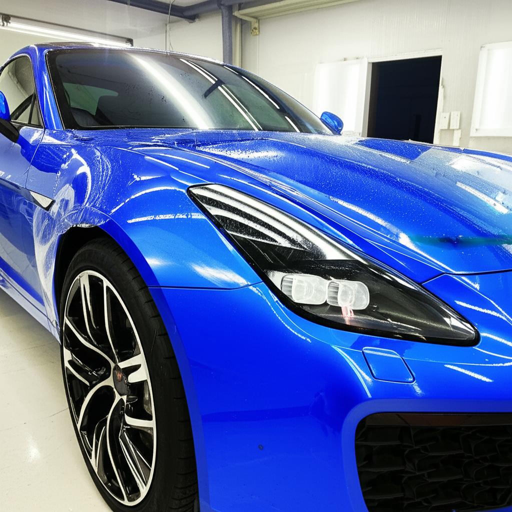 Car being wrapped with protective film