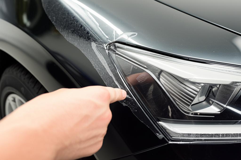Close-up of a car fender being wrapped with TPU film