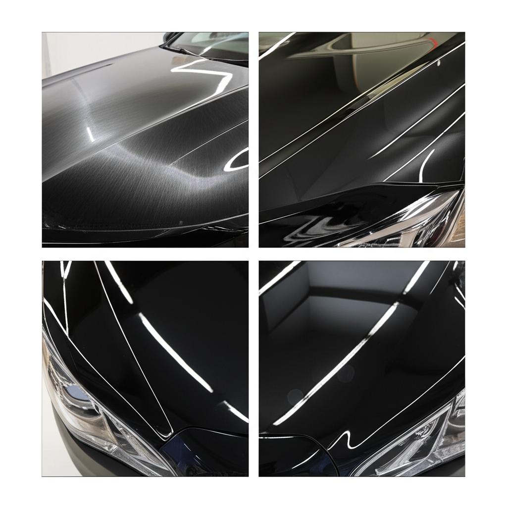 Luxury car before and after TPU film installation showing restored gloss