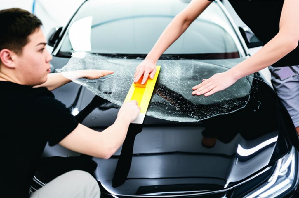 Technicians applying transparent TPU film to the hood of a car