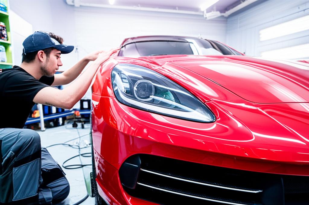Car being wrapped with protective film by a professional installer