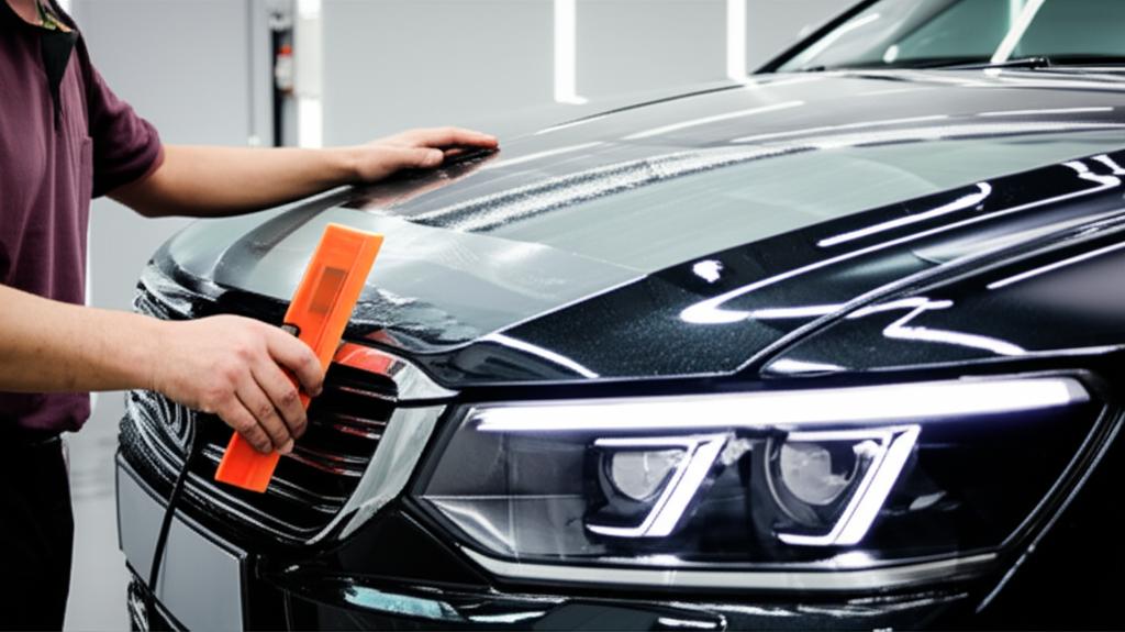 Professional installer applying TPU film to a car