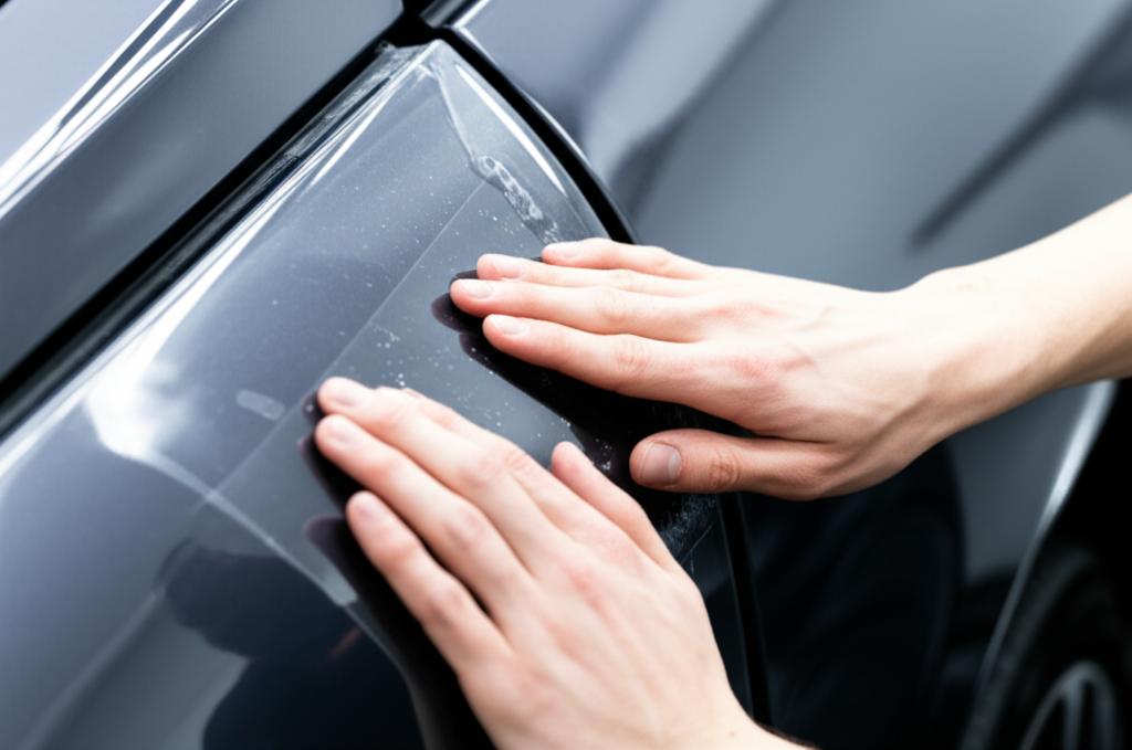 Skilled technician applying TPU film to a car panel