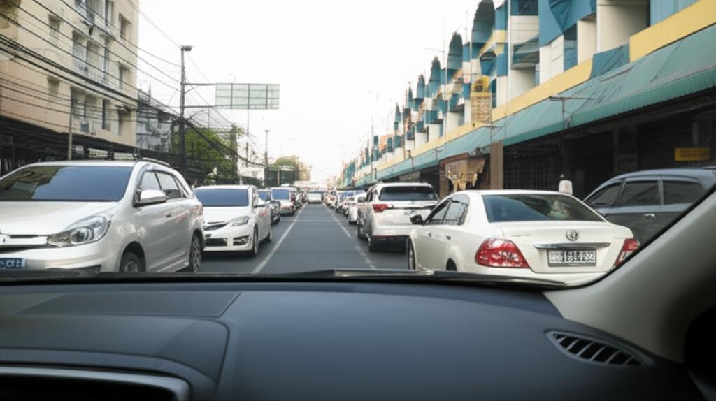 Car navigating busy Bangkok street traffic