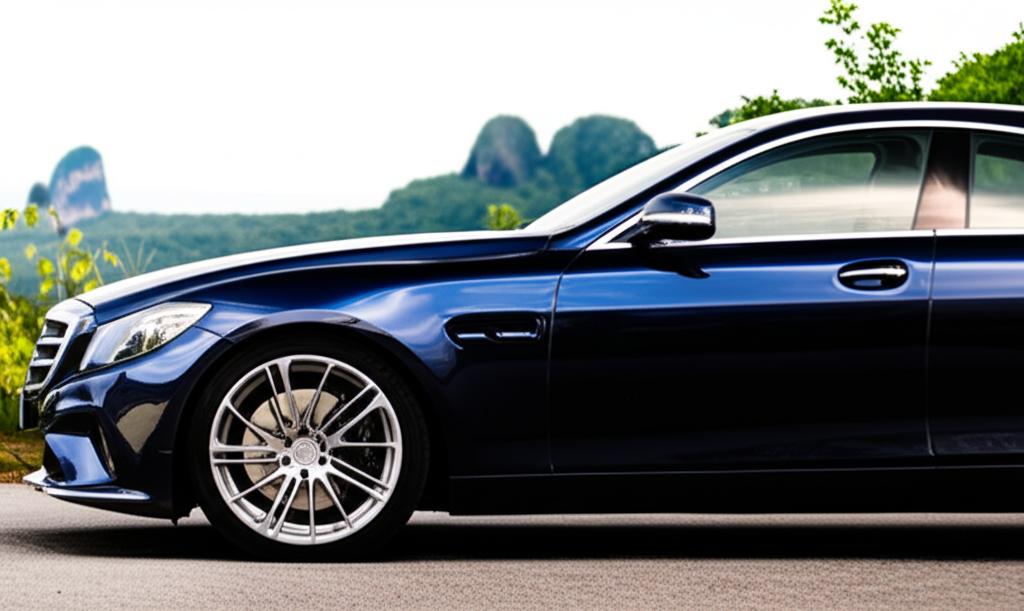 Luxury car parked in a beautiful Thai landscape, showcasing its perfect paint finish.