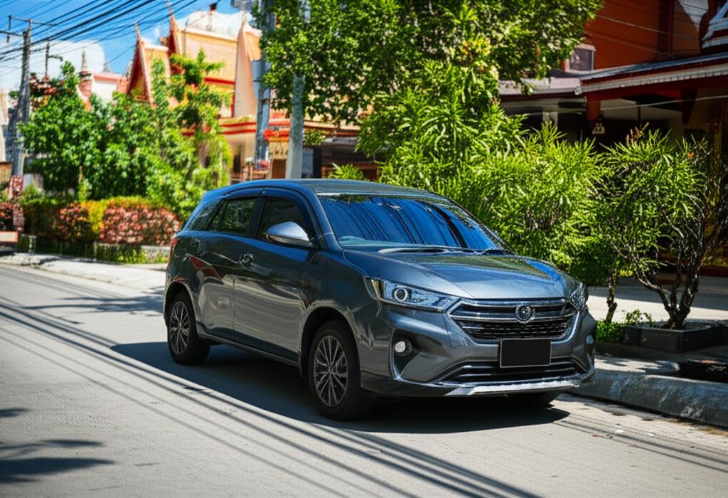 New car parked in a sunny Thai street, illustrating the environment