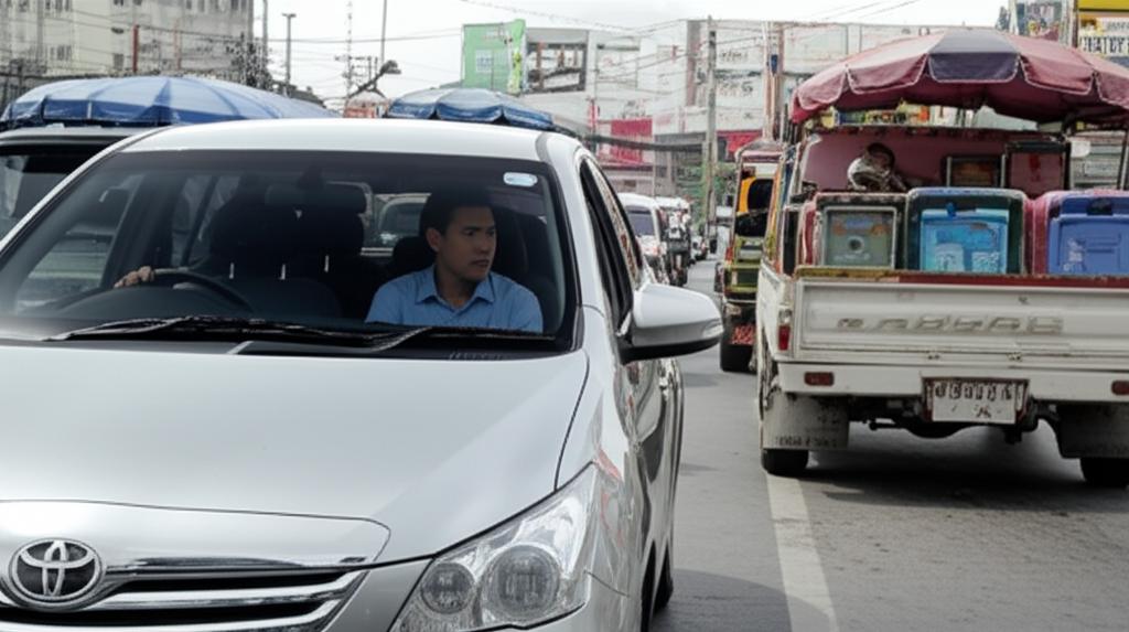 New car owner looking worriedly at potential scratches in Thailand traffic