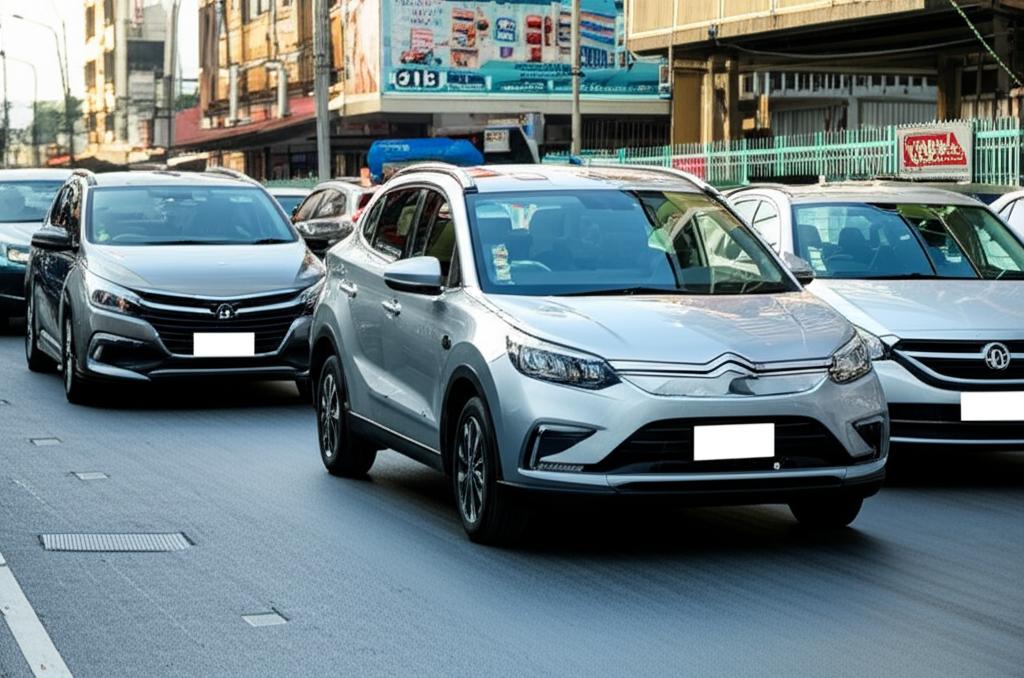 An electric vehicle navigating busy city streets in Thailand, showing potential risks to paintwork.