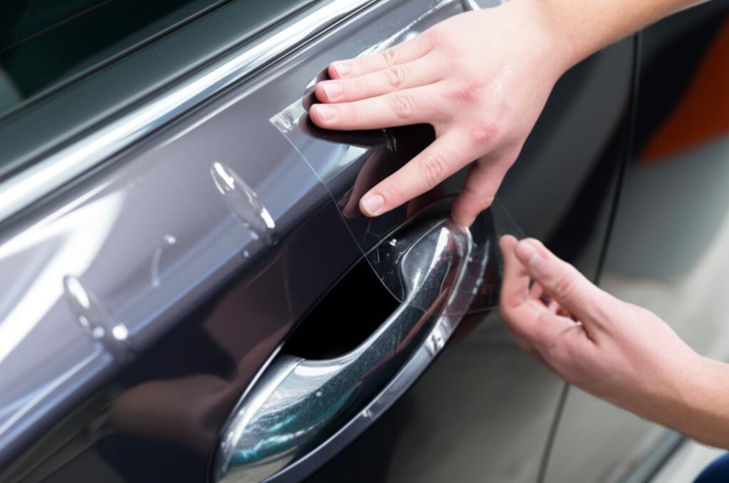 Close-up of car panel being wrapped with transparent film