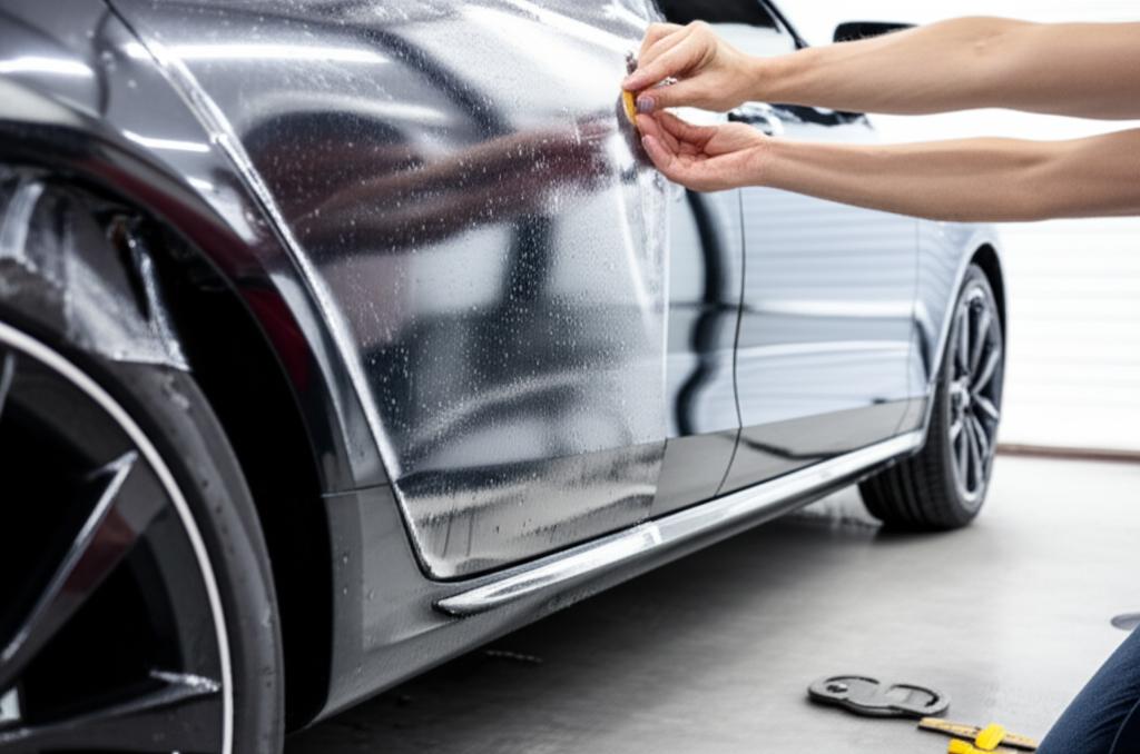 Car undergoing TPU film application, showing the protective film being fitted to a panel.