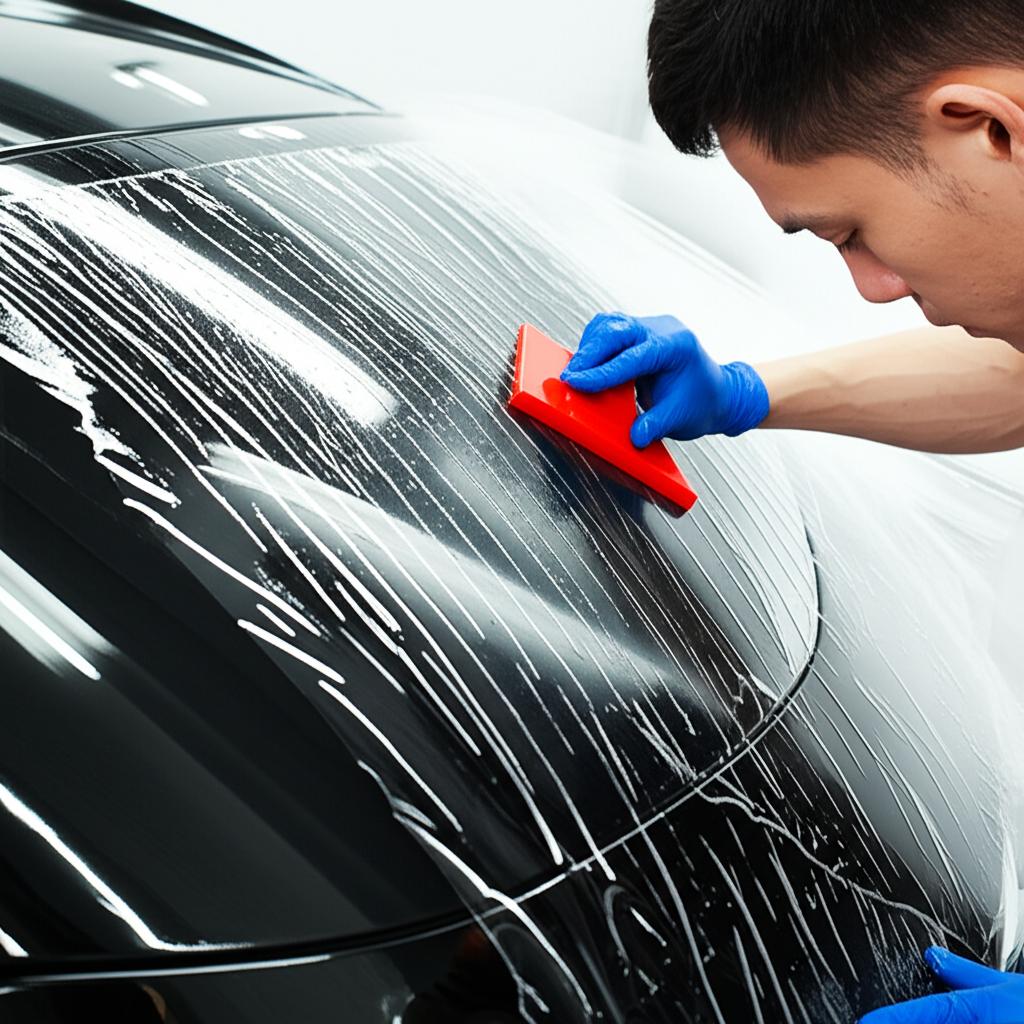 Expert applying TPU film to a car