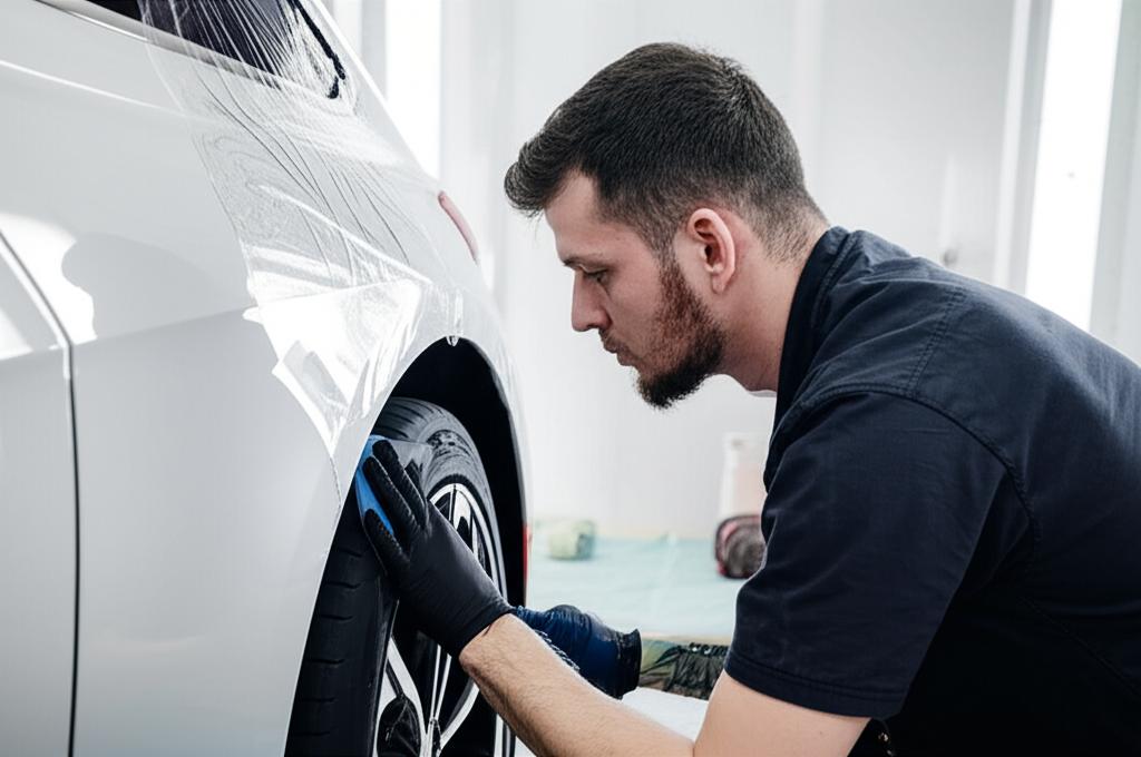 Professional applying TPU film to a luxury car