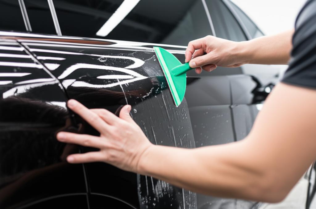 Technician applying TPU film to a car panel