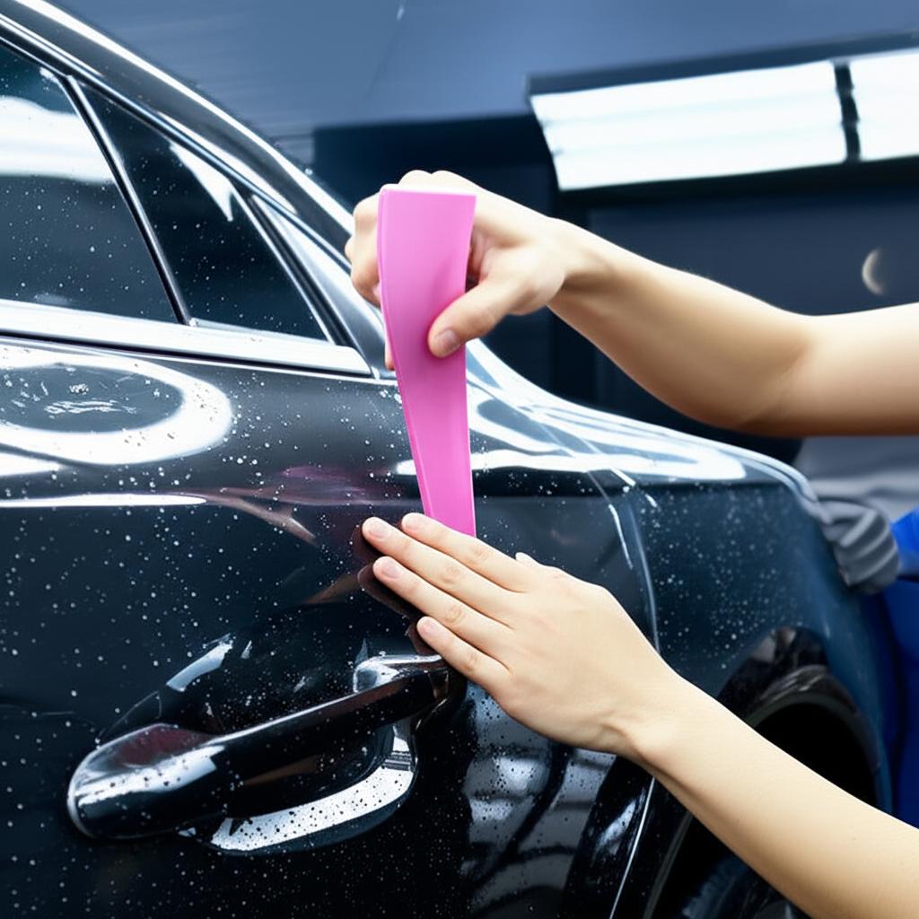 Car being professionally wrapped with clear TPU film by skilled technicians