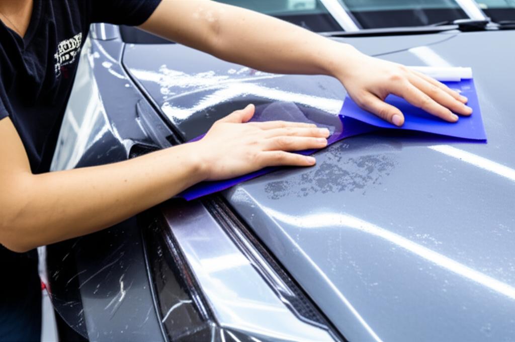 A skilled technician applying TPU film to the hood of an electric vehicle.